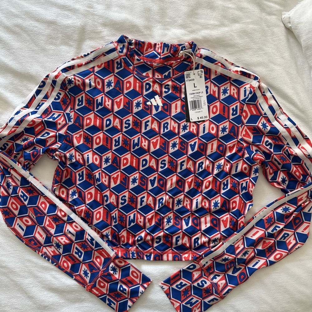 NWT Adidas x Farm Rio Collab Geometric Long Sleeve Crop Top - Red, Blue Size L